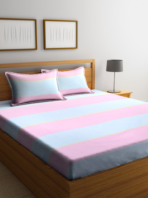 

Trident Blue & Pink Striped 144 TC Cotton 1 Queen Bedsheet with 2 Pillow Covers