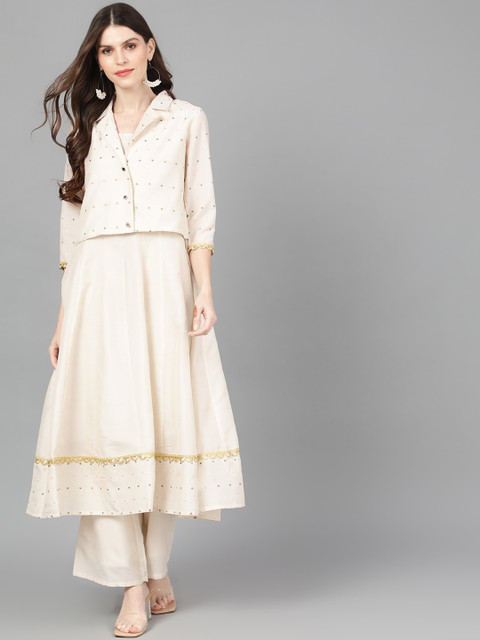 

AKS Women Off-White Self Design Kurta with Palazzos & Jacket