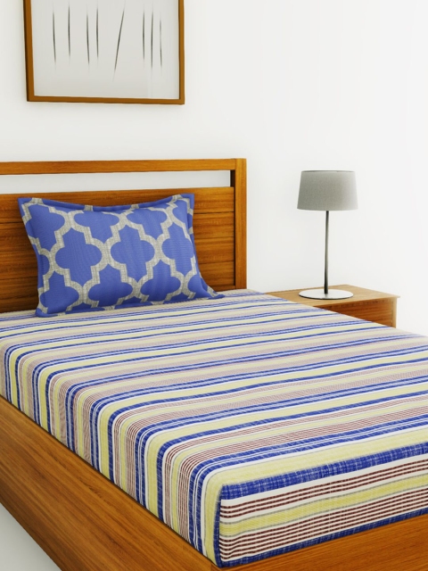 

BIANCA Green & Blue Striped 144 TC Cotton 1 Single Bedsheet with 1 Pillow Covers