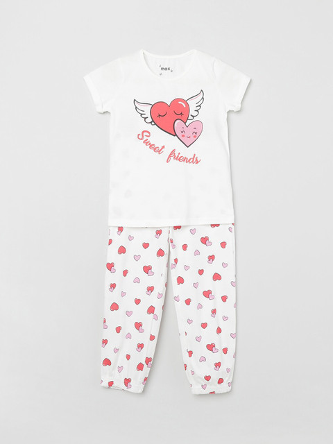 

max Girls White & Red Printed T-shirt with Trousers