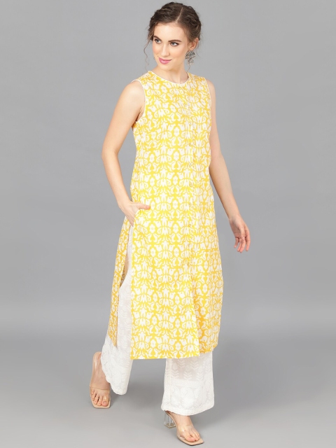 

AKS Women Yellow & White Printed Straight Kurta