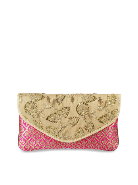 

Metro Pink & Gold-Toned Embroidered Envelope Clutch