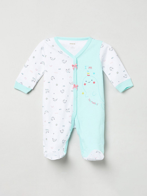 

max Girls White & Green Printed Sleepsuit