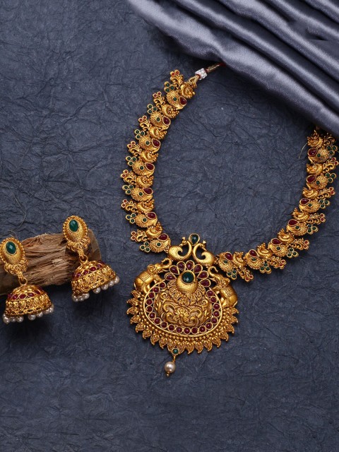 

Yellow Chimes Gold-Plated Red & Green Stone-Studded Beaded Temple Handcrafted Jewellery Set