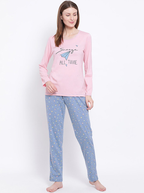 

Kanvin Women Pink & Blue Printed Night Suit
