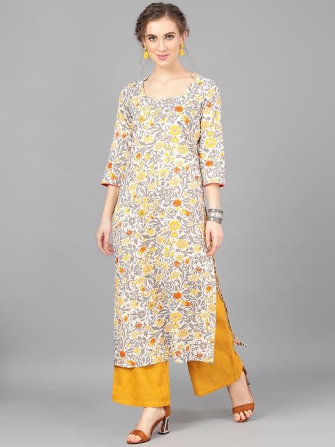 

AKS Women Grey & Yellow Printed Straight Kurta