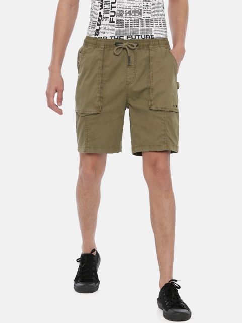 

Breakbounce Men Olive Green Solid Slim Fit Cargo Shorts