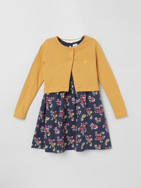 

max Girls Blue Printed A-Line Dress With Sweater, Yellow