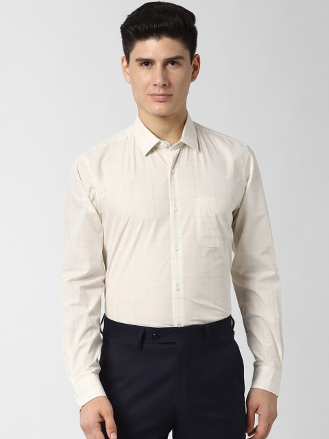 Peter England Men Cream-Coloured Slim Fit Checked Formal Shirt