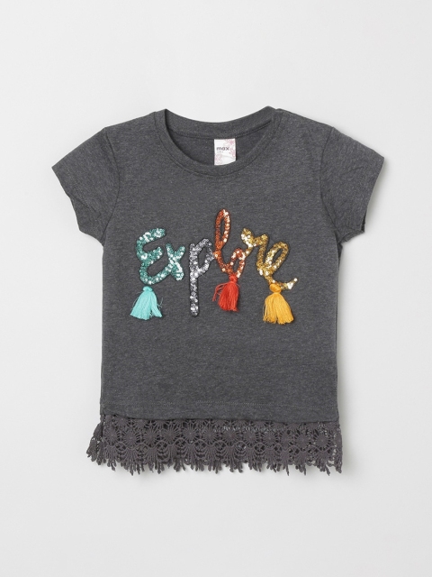 

max Girls Grey Melange Solid Round Neck T-shirt