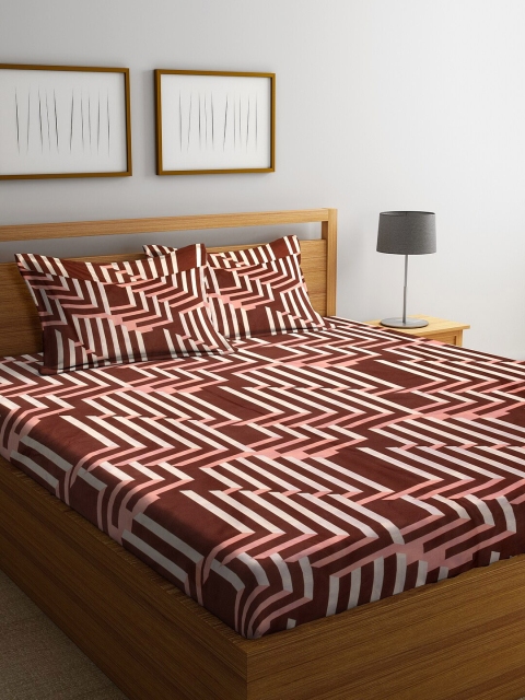 

DREAM WEAVERZ Brown & Off-White Abstract 250 TC Cotton 1 King Bedsheet with 2 Pillow Covers