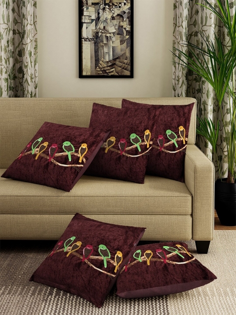 

DREAM WEAVERZ Brown & Green Set of 5 Self Design Velvet Square Cushion Covers