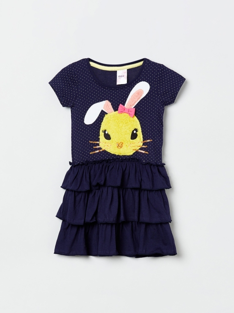

max Girls Navy Blue & Yellow Printed Fit and Flare Dress