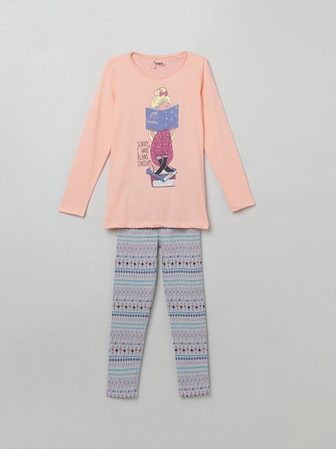 

max Girls Orange & Blue Printed Top with Leggings