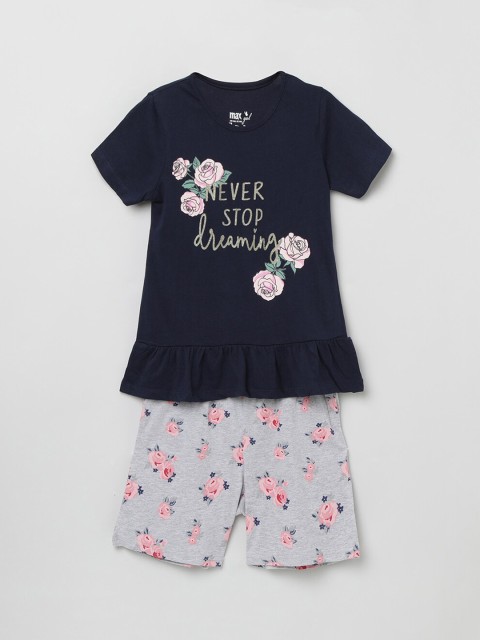 

max Girls Navy Blue & Grey Printed T-shirt with Shorts