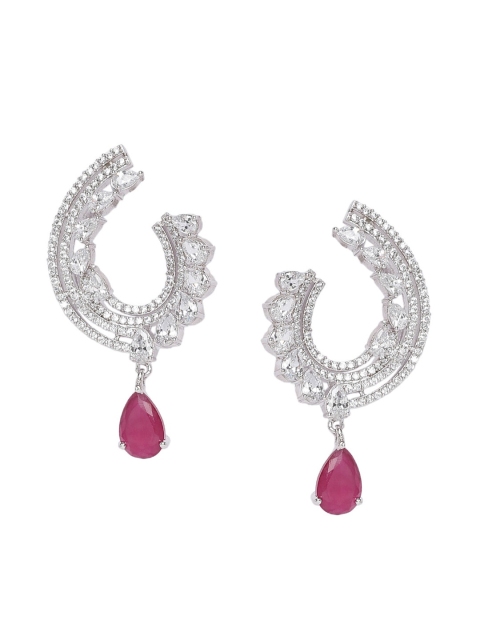 

INDYA Silver-Plated & Pink Zircon Studded Handcrafted Oval Drop Earrings
