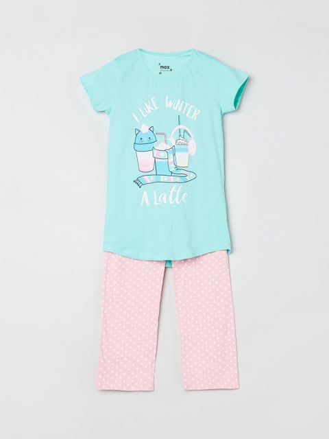 

max Girls Aqua Blue & Baby Pink Printed Night suit