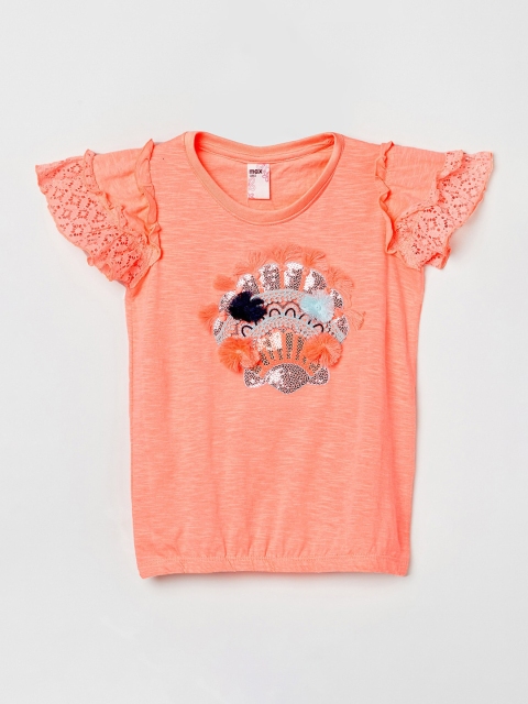 

max Girls Orange Printed V-Neck T-shirt