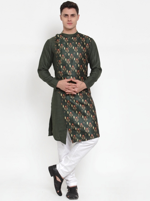 

MAXENCE Men Olive Green & White Self Design Kurta with Pyjamas
