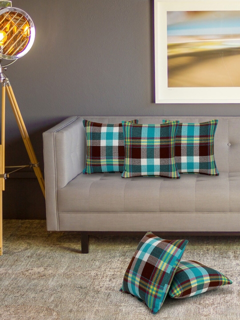 

KLOTTHE Blue & Brown Set of 5 Checked Square Cushion Covers