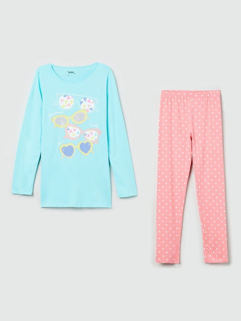 

max Girls Aqua Blue & Coral Pink Printed Night suit