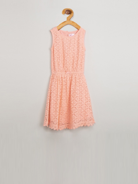 

max Girls Peach-Coloured Self Design Fit and Flare Dress