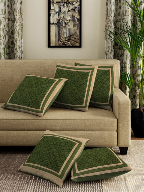 

DREAM WEAVERZ Green & Beige Set of 5 Self Design Square Cushion Covers