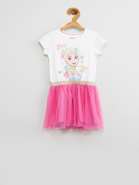

max Girls White & Pink Elsa Print Fit and Flare Dress