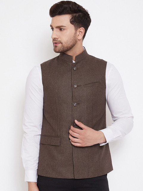 

Spirit Men Coffee Brown Checked Sustainable Nehru Jacket