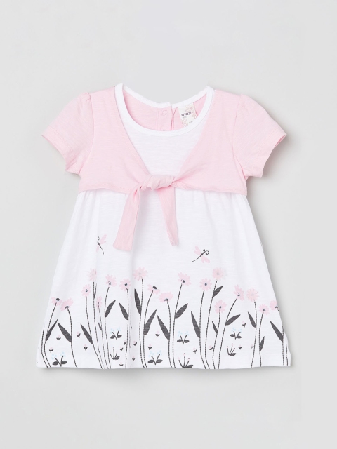 

max Girls White & Pink Floral Print Layered A-Line Pure Cotton Top