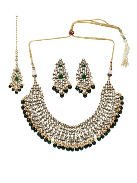 

ANIKAS CREATION Gold-Plated White & Green Kundan-Studded Beaded Handcrafted Jewellery Set