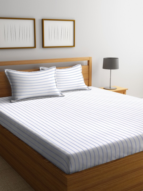 

Trident White & Blue Striped 144 TC Cotton 1 Queen Bedsheet with 2 Pillow Covers
