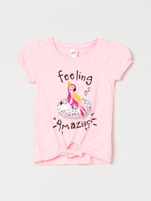 

max Girls Baby Pink & Coffee Brown Printed Top With Waist Tie-Up