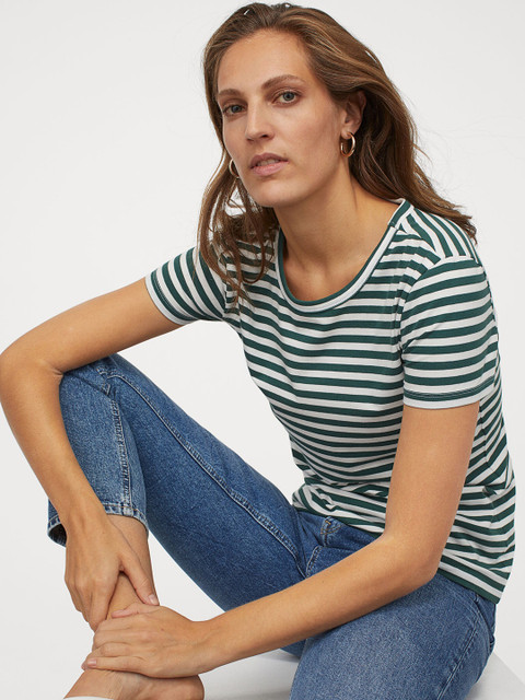 

H&M Women White & Green Striped Cotton T-shirt