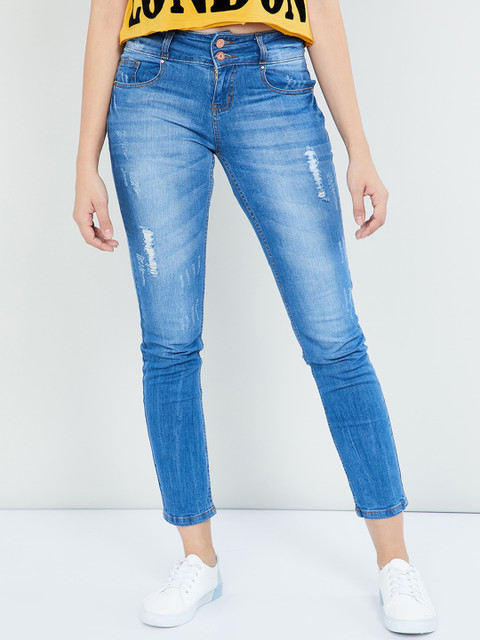

max Women Blue Skinny Fit Mid-Rise Low Distress Jeans