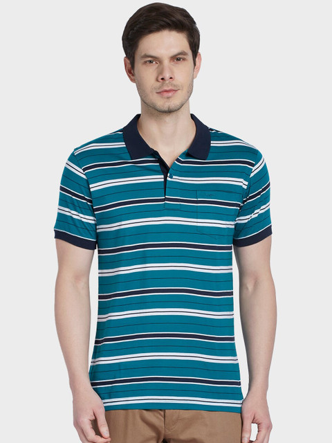 

ColorPlus Men Teal Green Striped Polo Collar T-shirt