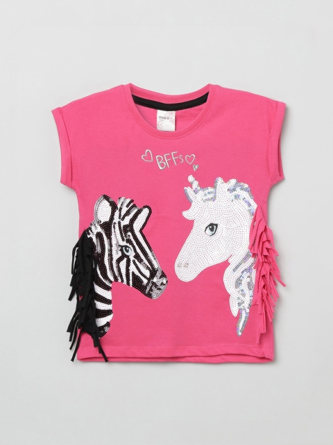 max Girls Pink & White Graphic Print Round Neck T-shirt