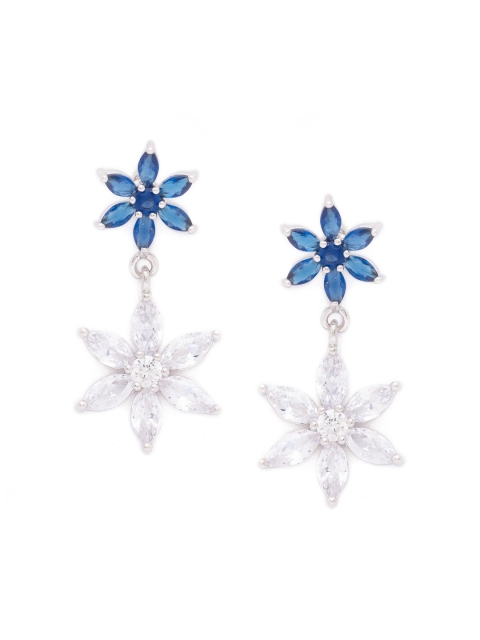 

Globus Women Silver-Toned & Navy Blue Cubic Zirconia Floral Drop Earrings