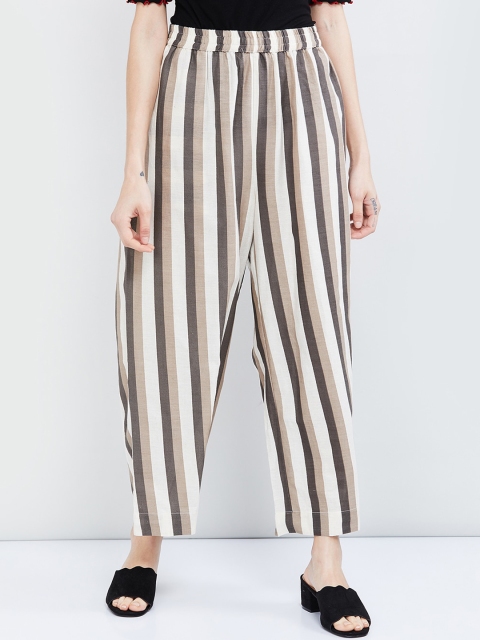 

max Women Brown & Grey Regular Fit Striped Parallel Trousers