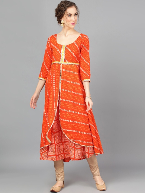 

AKS Women Orange & White Bandhani Printed A-Line Kurta