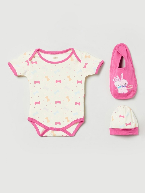 

max Girls Cream-Coloured & Pink Printed Bodysuit, Cap and Bib