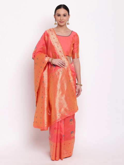 

Vbuyz Orange Silk Blend Woven Design Banarasi Saree