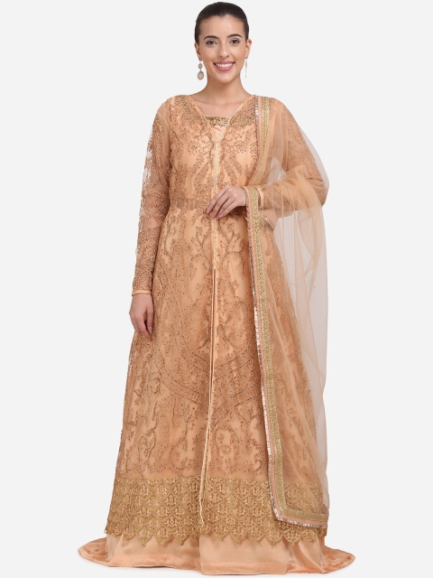 

Stylee LIFESTYLE Peach-Coloured & Gold-Coloured Net Unstitched Dress Material