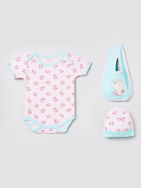 

max Girls White Floral Print Bodysuit, Beanie & Embroidered Bib
