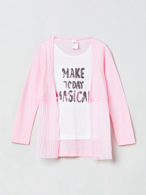 

max Girls Pink Printed Round Neck Longline Layered T-shirt