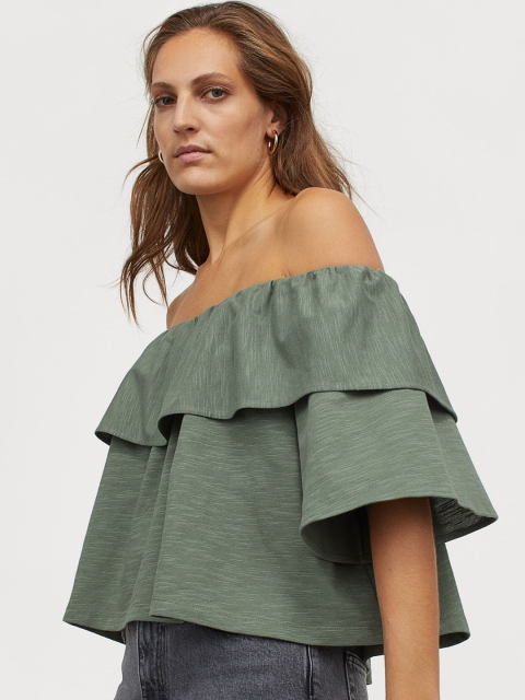 

H&M Women Olive Green Solid Off the Shoulder Top