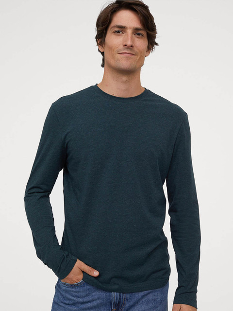 

H&M Men Green Solid Jersey Top Slim Fit