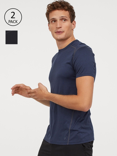 

H&M Men Navy Blue & Black 2-Pack Slim Fit Sports Tops