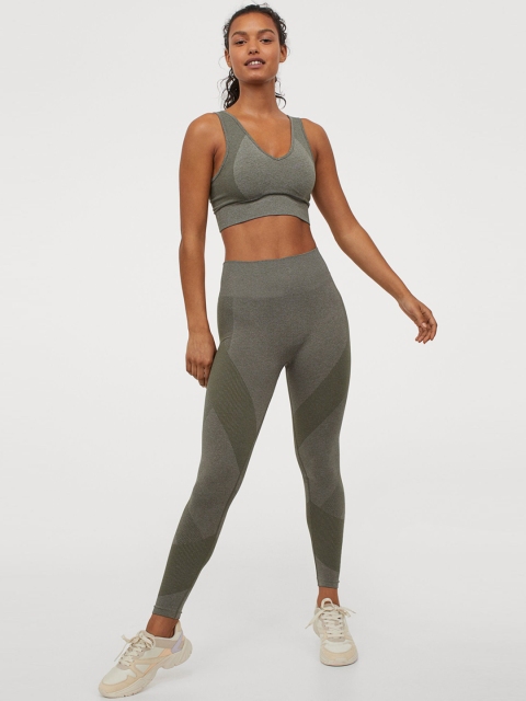 

H&M Women Olive Green Self-Design High Waist Seamless Tight