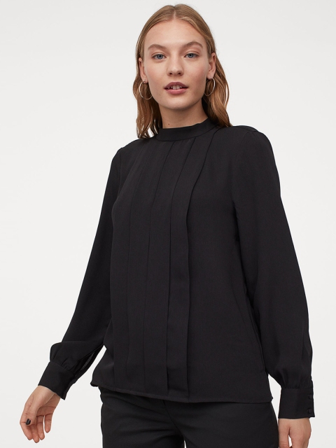 

H&M Women Black Solid Pleat-Front Blouse